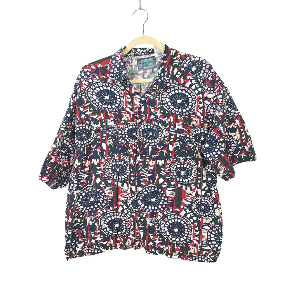 Vintage BEZ Mens Short Sleeve Button Down Shirt Abstract Medallion Print 90s XL